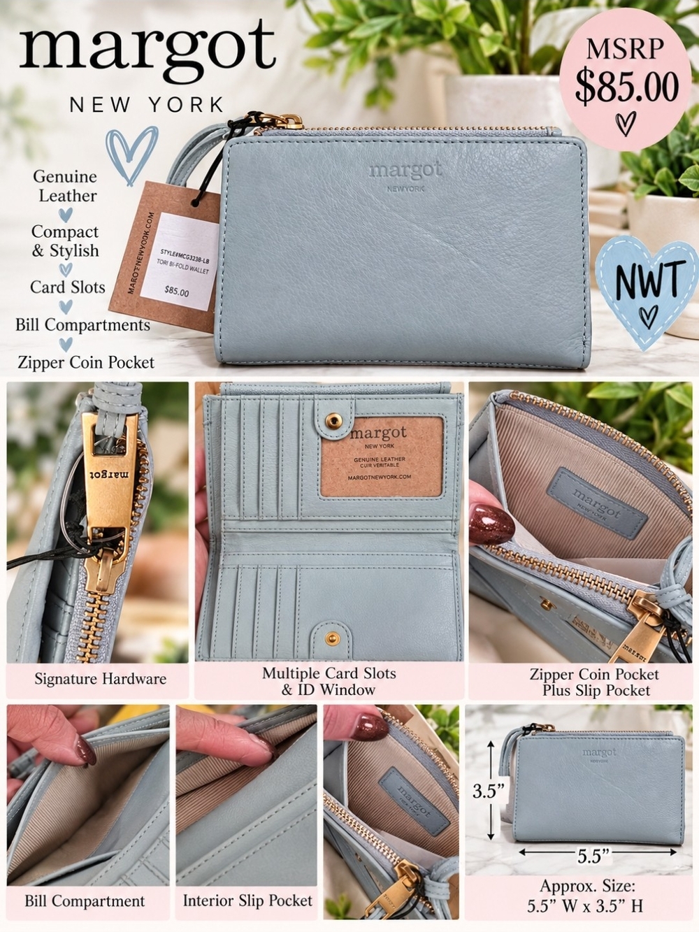 margot Light Blue Leather Zip Wallet